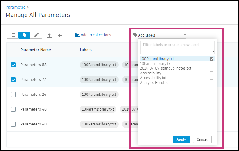 Grænseflade til visning af parameterdatabasetekster