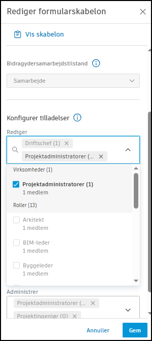 Skærmbillede af tilladelser for projektformularskabelon
