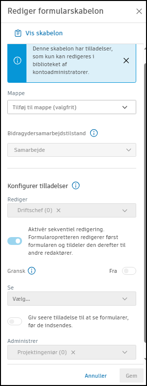 Skærmbillede af niveautilladelser for projektskabelon