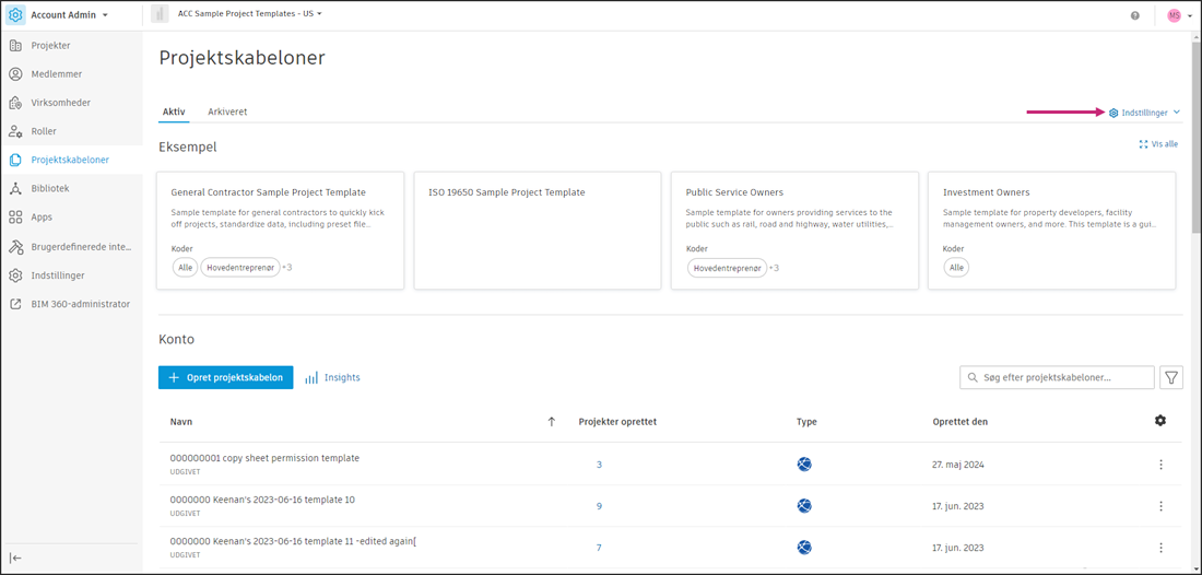 Indstillinger for projektskabeloner