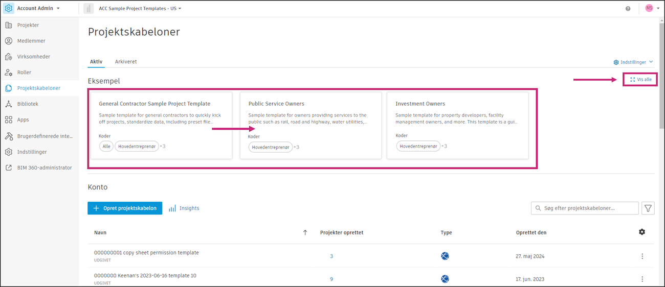Eksempler på projektskabeloner
