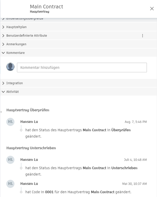 Ansicht der Aktivitäten für den Hauptvertrag