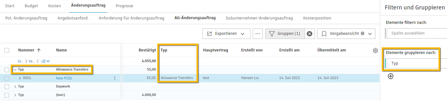 AG-Änderungsauftrag mit angewendetem Typ für Allowance Transfers