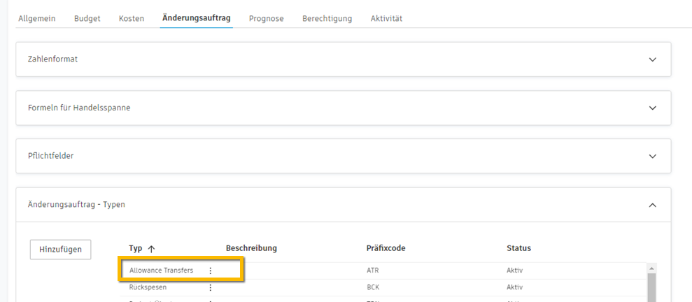 Einrichtung des Änderungsauftragstyps mit Konfiguration von Allowance Transfers