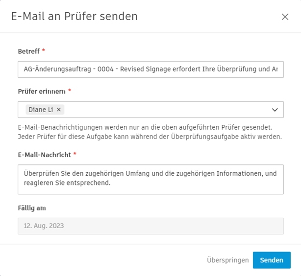 Dialogfeld zum Senden von Genehmigungsabläufen