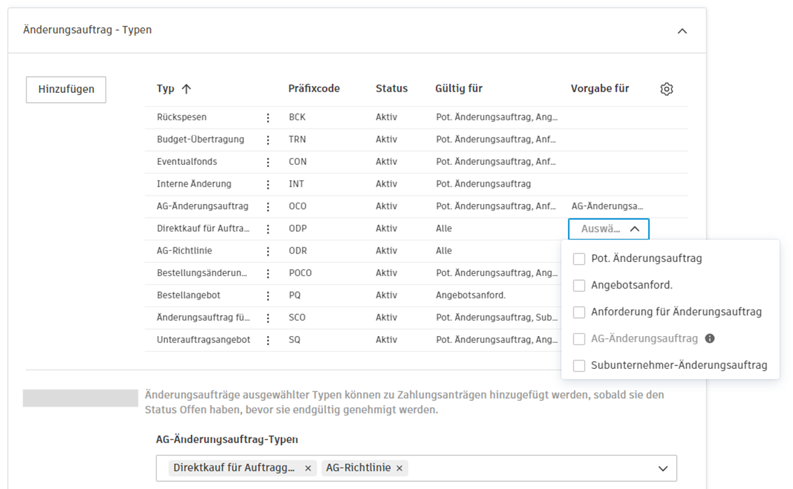 Konfiguration des vorgabemäßigen Änderungsauftragstyps mit Kontrollkästchen-Optionen zum Festlegen von Vorgabetypen