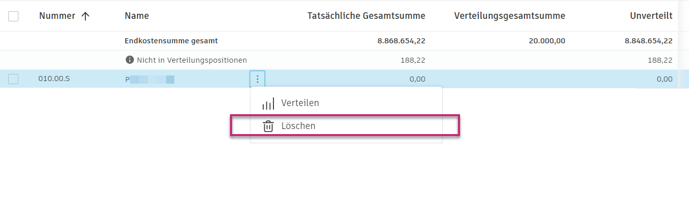 Löschen einer Verteilungsposition