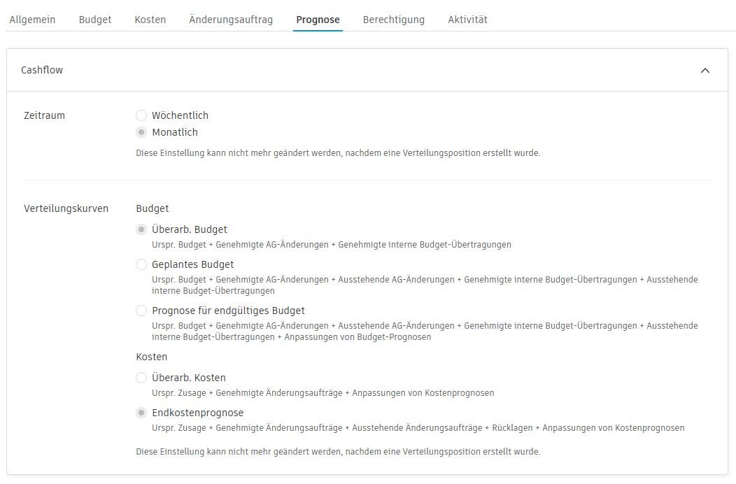 Gruppe mit Einstellungen für Verteilungskurven zeigt Budget- und Kostenoptionen für Cashflow-Prognosen