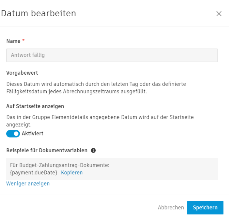 Konfigurationsgruppe zum Bearbeiten von Datumsangaben mit Einstellungen für Vorgabewerte, relativen Datumsoptionen und Beispielen für Dokumentvariablen