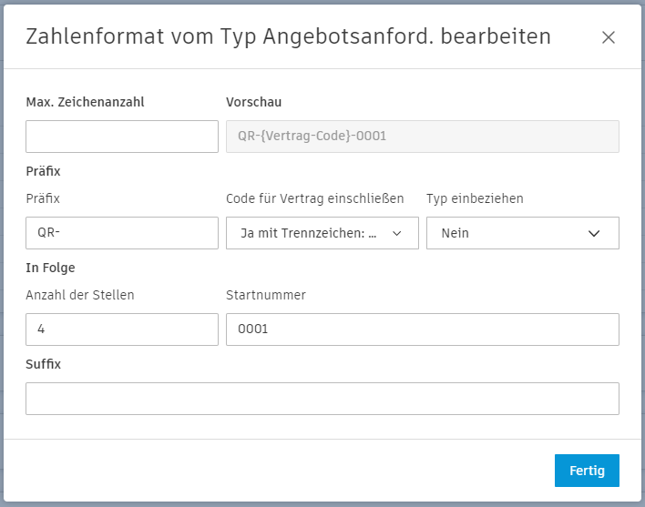 Dialogfeld zum Bearbeiten des Zahlenformats für Angebotsanforderungen zeigt Felder für maximale Zeichenanzahl, Präfix, Stellenanzahl, Startnummer und Suffix