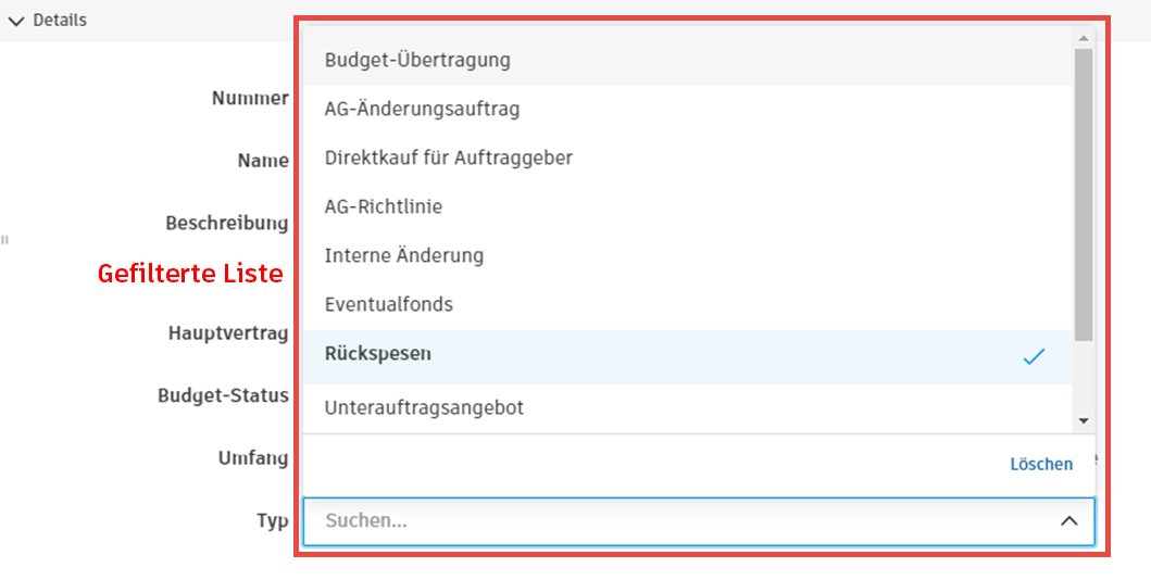 Gefilterte Liste von Änderungsauftragstypen mit Typoptionen im Dropdown-Menü