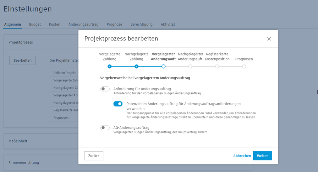 Projektprozesseinstellung