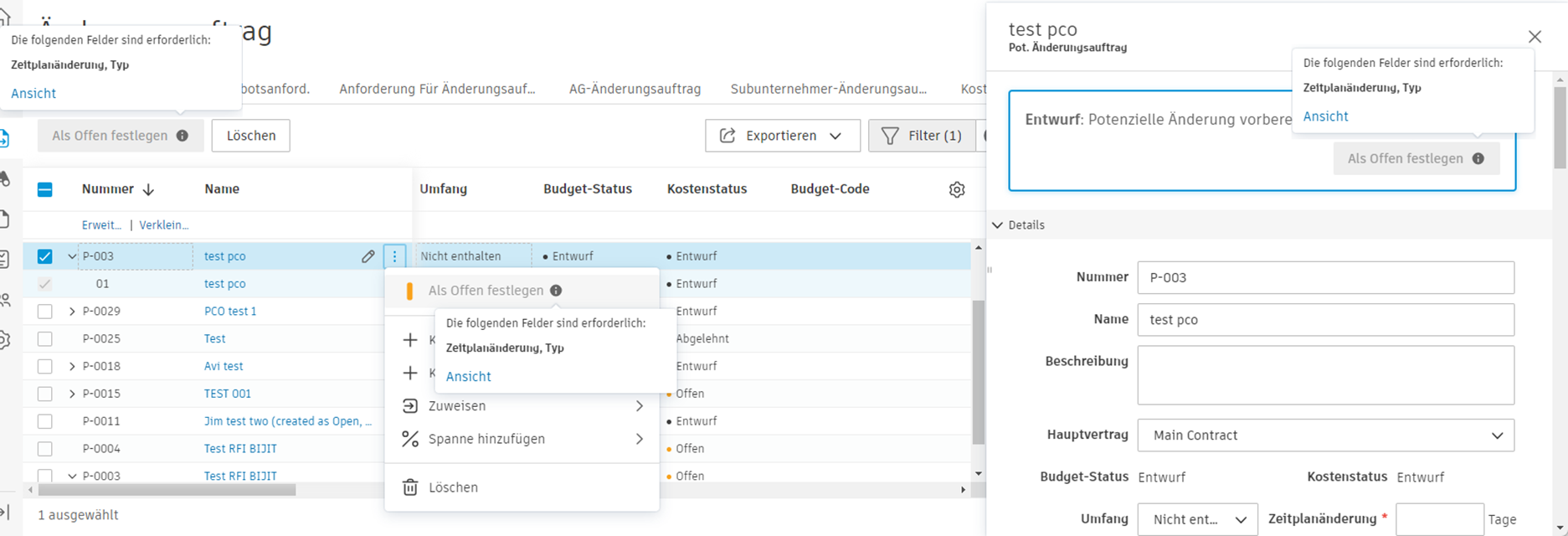 Validierungsmeldung für erforderliche Felder zeigt fehlende Pflichtfelder und die Schaltfläche Anzeigen, um direkt zu den fehlenden Daten zu gelangen