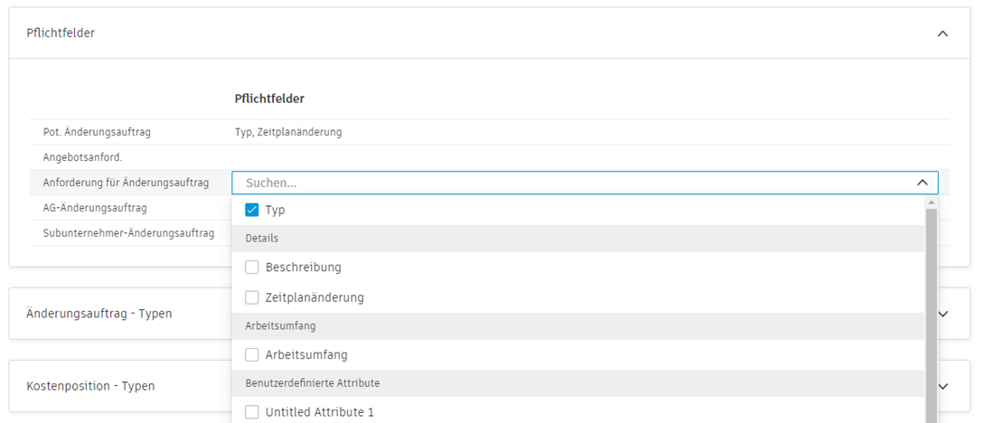 Erforderliche Felder für die Konfiguration von Änderungsaufträgen mit Dropdown-Liste der Pflichtfelder