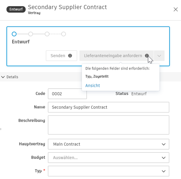 Validierungsmeldung für erforderliche Felder für Verträge