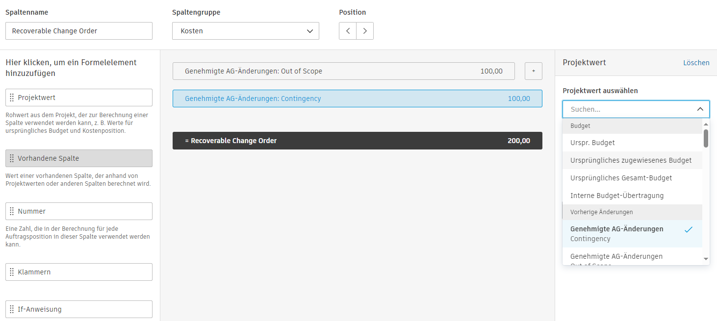 Rechter Fensterbereich mit Wertauswahl