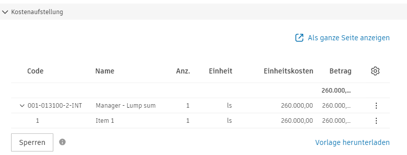 Vertragskostenaufstellung mit Budget-Code-Struktur