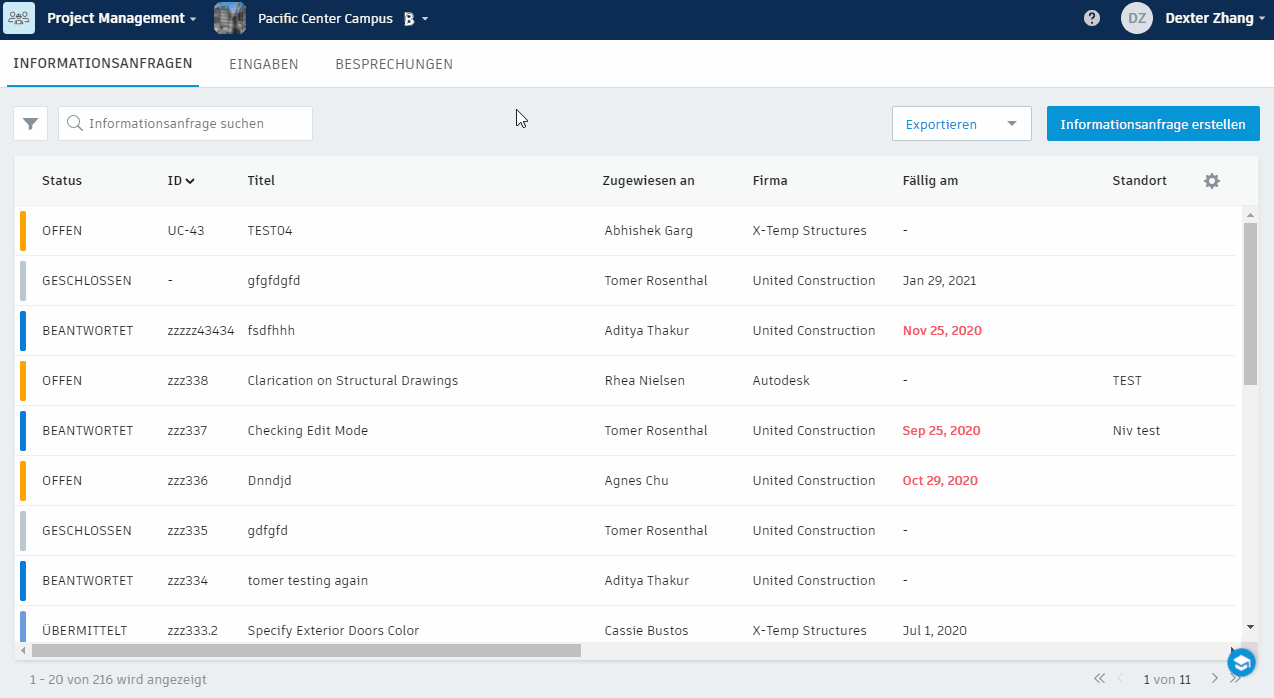 Übermitteln benutzerdefinierter Informationsanfragen-Nummerierungen