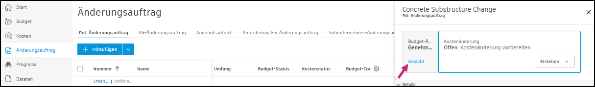 Fenster Kostenänderung mit Angebotsanforderung und Status Akzeptiert