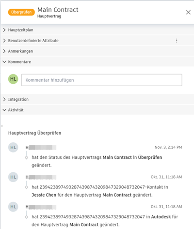 Ansicht der Aktivitäten für den Hauptvertrag