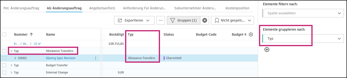 AG-Änderungsauftrag mit angewendetem Typ für Allowance Transfers