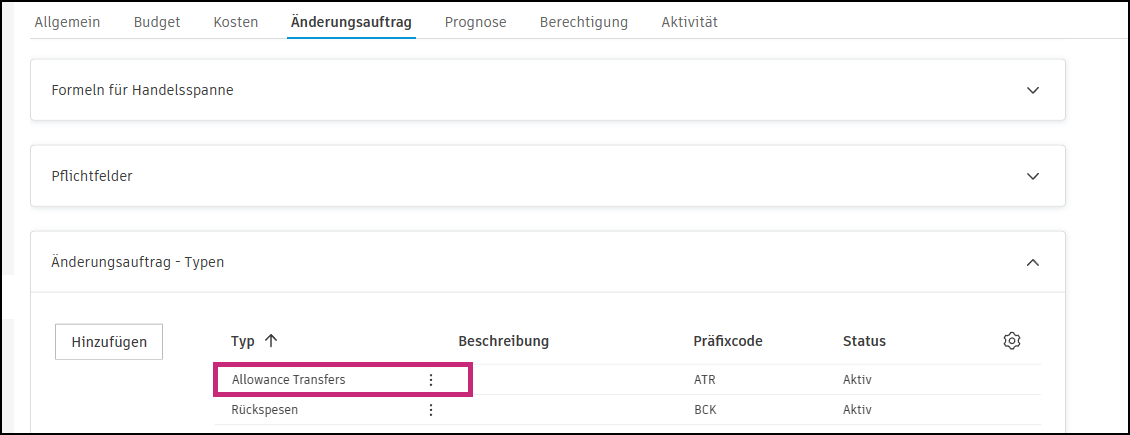 Einrichtung des Änderungsauftragstyps mit Konfiguration von Allowance Transfers