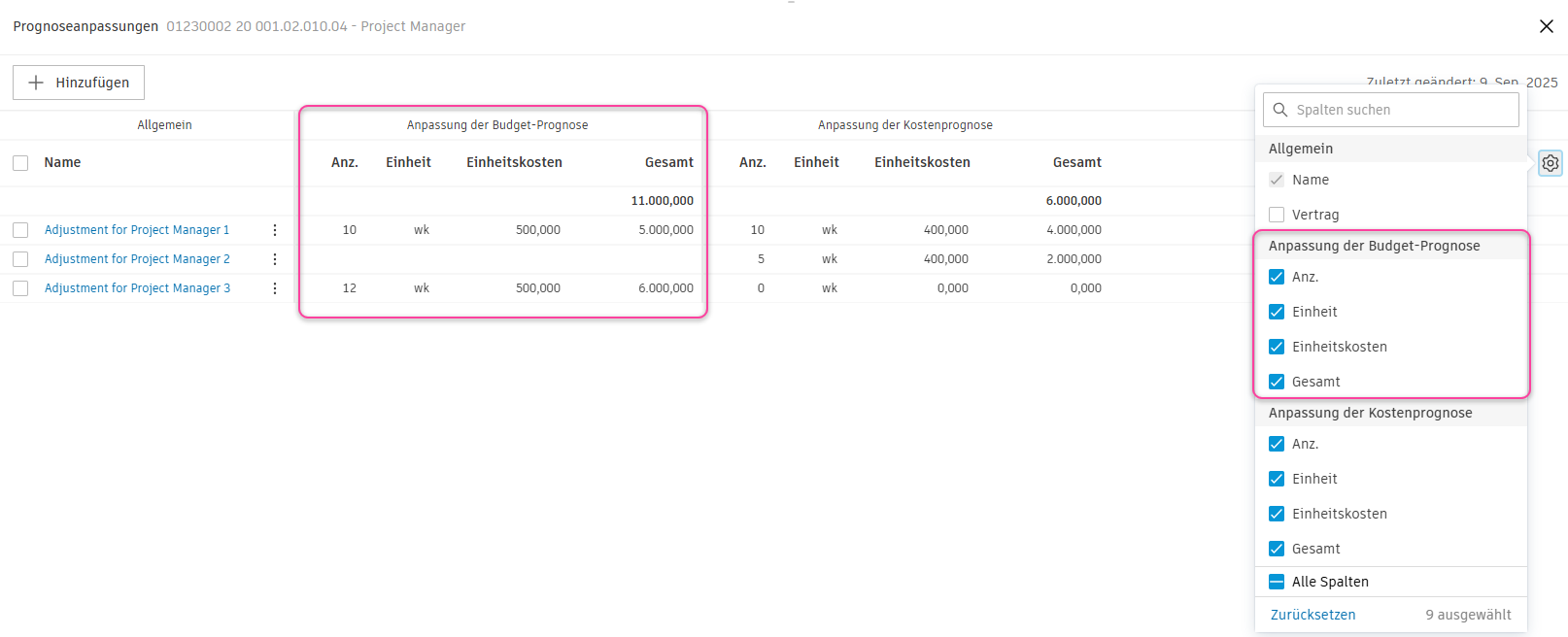 Anpassungen von Budget-Prognosen Prognose