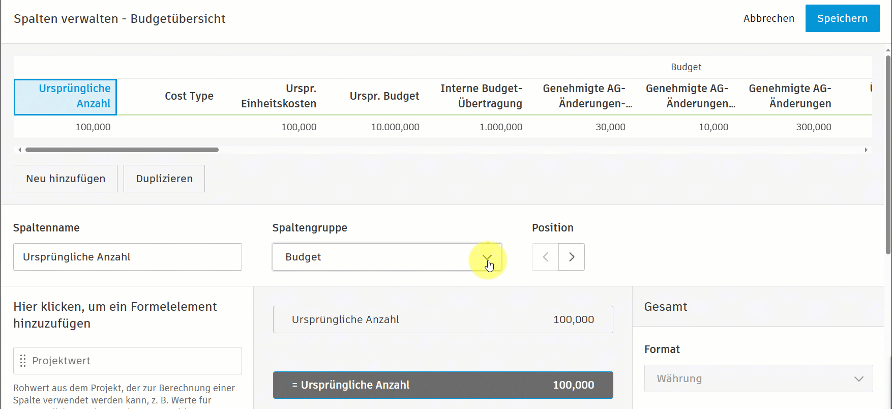 Animierte Demonstration der Verwaltung von Budget-Übersichtspalten, die zeigt, wie Spalteneinstellungen hinzugefügt, dupliziert und angepasst werden