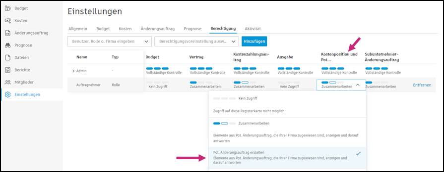Berechtigungseinstellungen, die die Zusammenarbeit bei nachgelagerten Änderungsberechtigungen für die Lieferantenrolle anzeigen