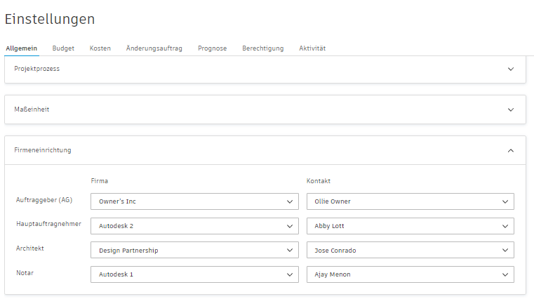 Benutzeroberfläche Firmeneinrichtung mit Dropdown-Liste für die Firmenauswahl