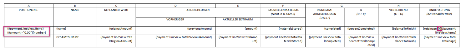 Beispiel für einen bedingten Ausdruck zum Entfernen leerer Positionen aus Zahlungsanträgen