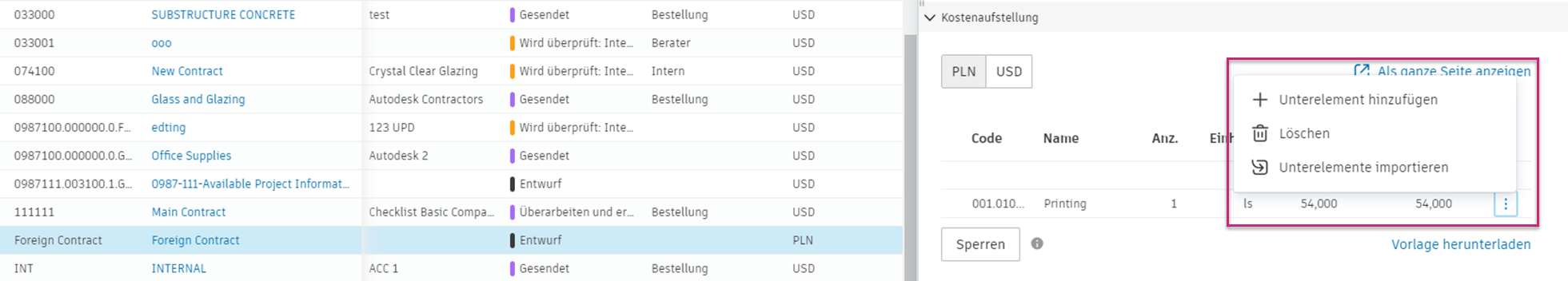 Beispiel für Kostenaufstellung im Vertrag