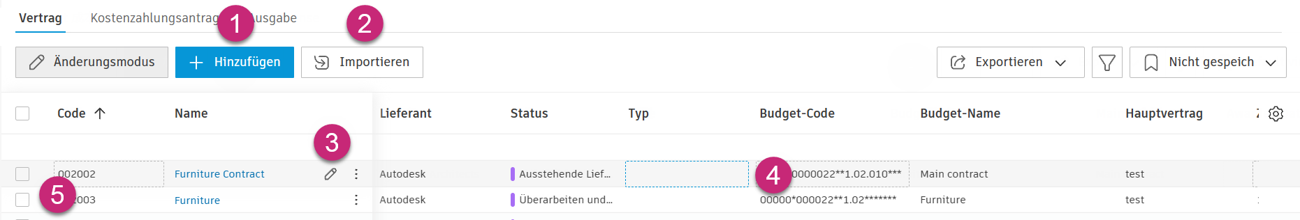 Benutzeroberfläche des Vertragsbearbeitungsmodus mit Bearbeitungsoptionen