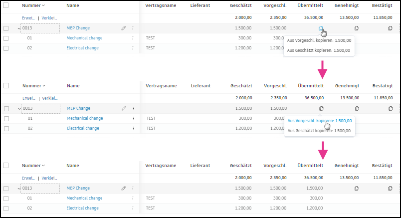 Kostenpositionsbetrag kopieren