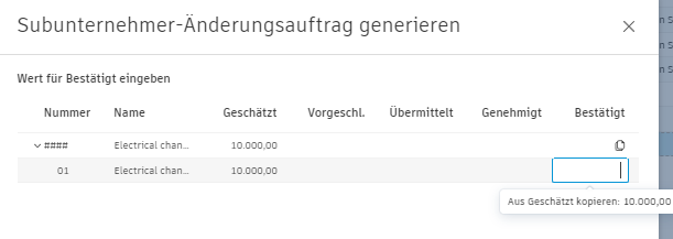Schaltfläche zum Kopieren des Betrags einer Kostenposition