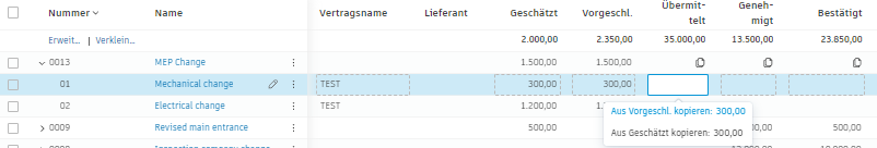 Kostenpositionsbeträge kopieren