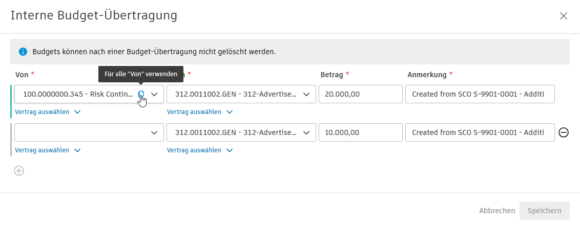 Beispiel für die Schaltfläche In alle kopieren Von