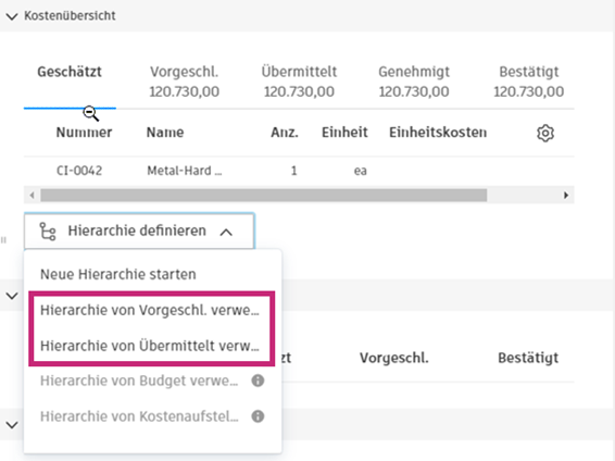 Hierarchieoptionen für Unterelemente