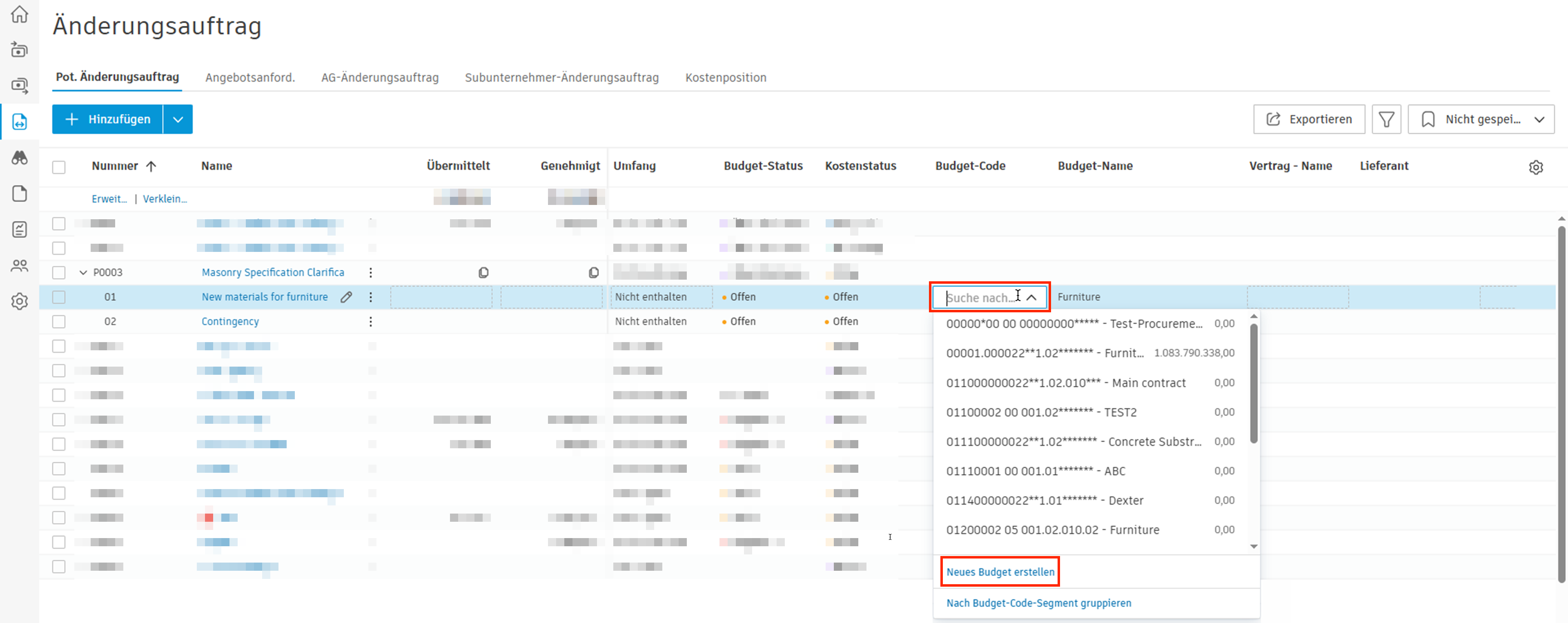 Budget-Dropdown-Liste Kostenposition mit Option zum Erstellen eines neuen Budgets