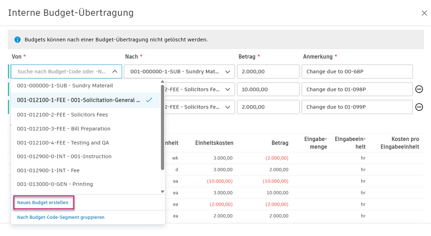 Dropdown-Option zum Erstellen eines neuen Budgets während der Übertragung