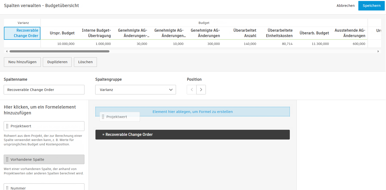 Screenshot der Benutzeroberfläche des Spaltenformelgenerators mit ziehbaren Elementen wie Projektwert, Vorhandene Spalte, Nummer, Klammern und If-Anweisung im linken Fensterbereich