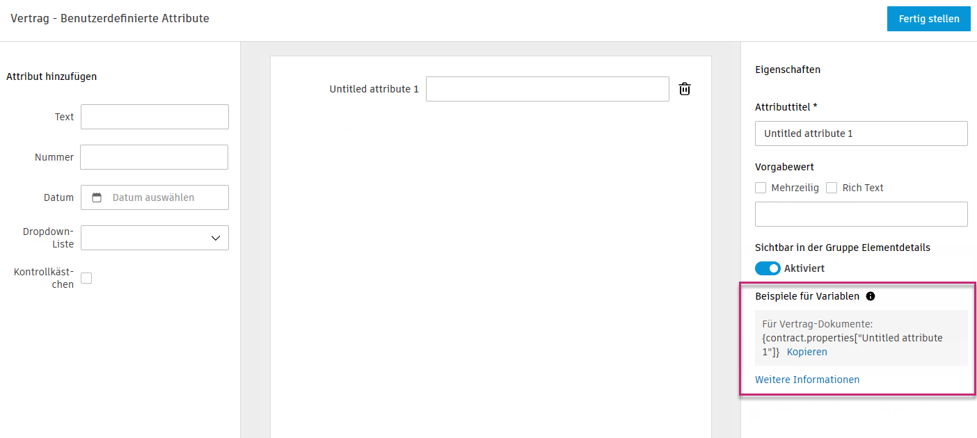 Gruppe Eigenschaften für benutzerdefinierte Attribute mit Variablenformat-Feld und Beispielsyntax für Dokumentvorlagen