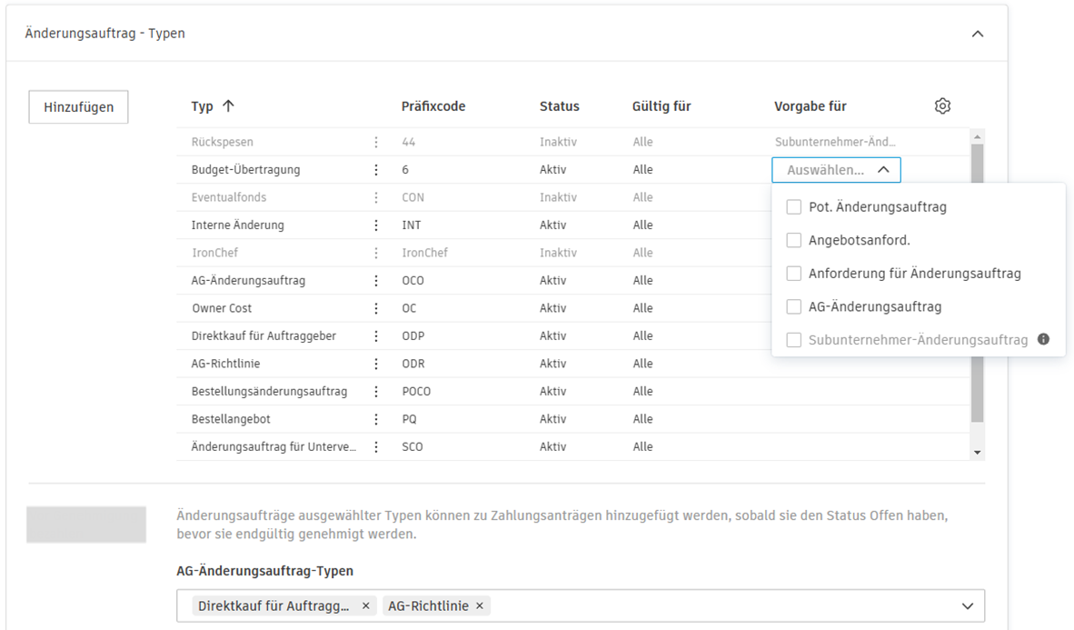 Konfiguration des vorgegebenen Änderungsauftragstyps