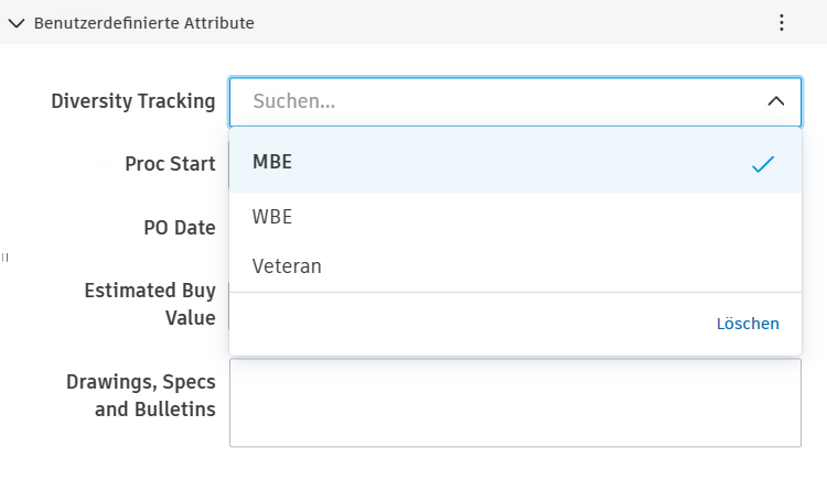 Gruppe Vertragsdetails mit Dropdown-Liste für benutzerdefiniertes Attribut Diversity Tracking mit Wertauswahl