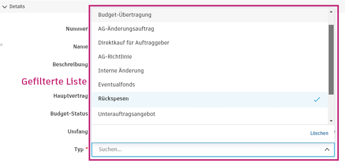 Gefilterte Liste für Änderungsauftragstyp