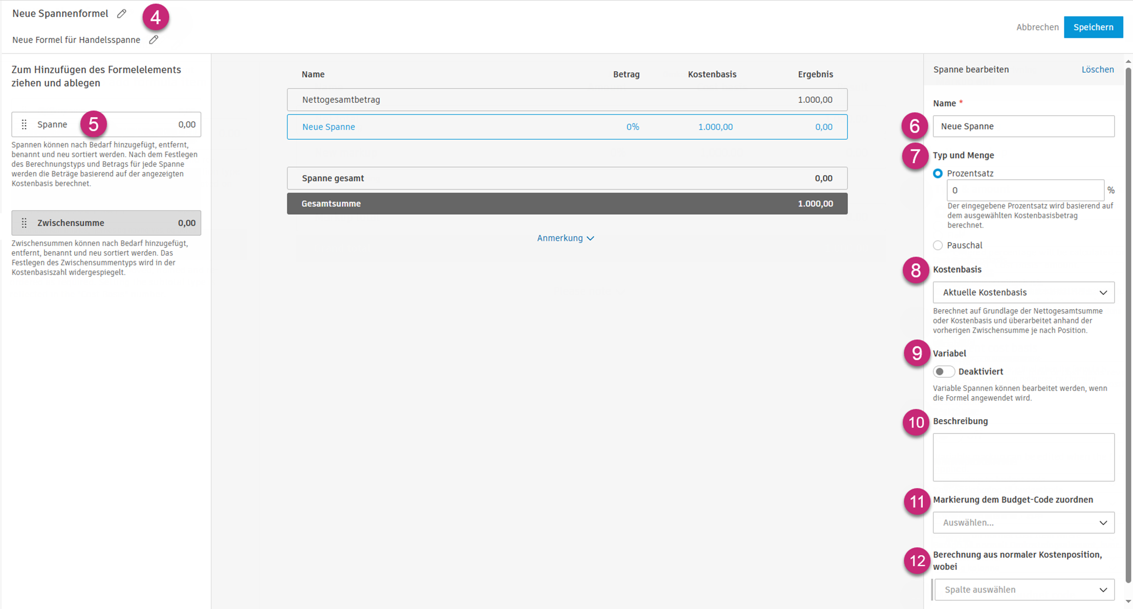 Konfigurationsschritte für die Formel für Handelspannen