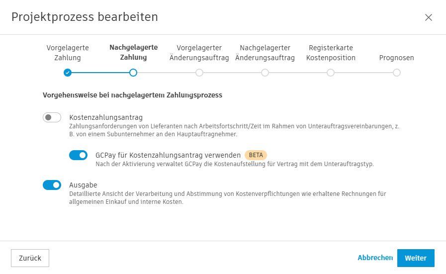 Abschnitt Nachgelagerte Zahlung mit Schalter für GCPay-Integration