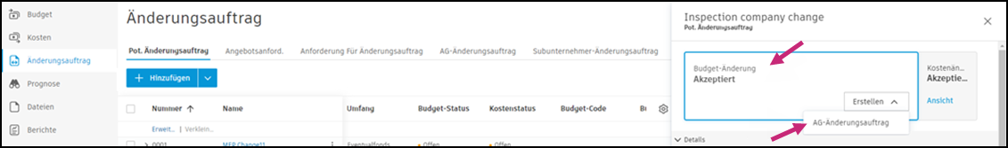 Schaltfläche und Benutzeroberfläche AG-Änderungsaufträge erstellen zum Erstellen von Auftraggeber-Änderungsaufträgen