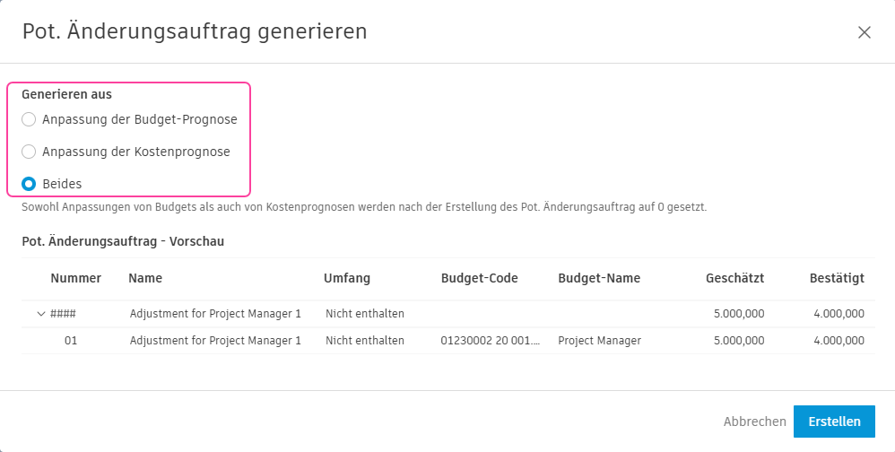 Generieren eines potenziellen Änderungsauftrag aus Prognoseanpassungen