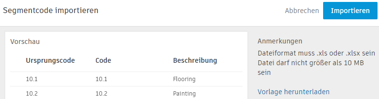 Schaltfläche Importieren im Dialogfeld Segmentcode-Import